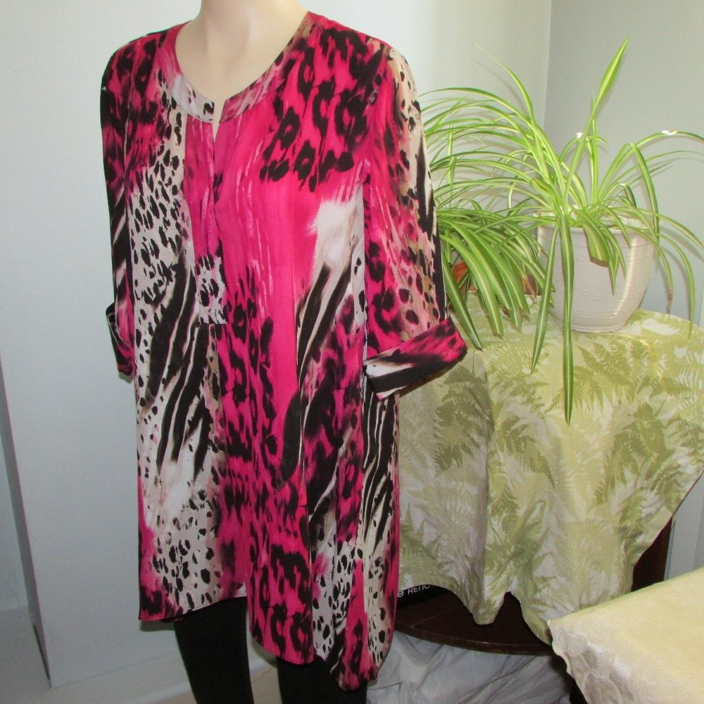 Zac & Rachel Long Loose Tunic Top Flowy Blouse Shirt Pink Black Top LG Bohemian
